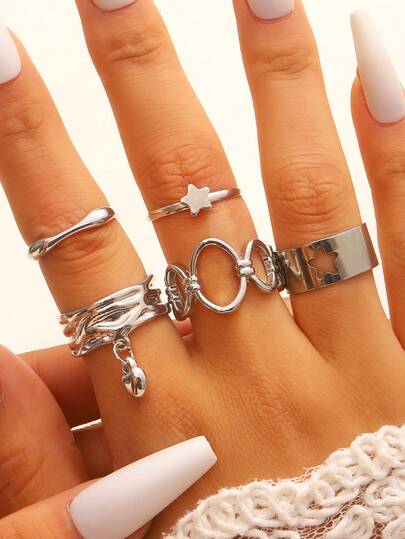 Bộ 5 chiếc nhẫn thời trang cá nhân hóa kiểu dáng ngôi sao và hình học đa dạng, dành cho nữ, thích hợp đeo hàng ngày, dự tiệc, hẹn hò, kỳ nghỉ, lễ hội âm nhạc, bãi biển mùa hè, làm quà tặng cho bạn bè, gia đình, các cặp đôi, phụ kiện trang sức.