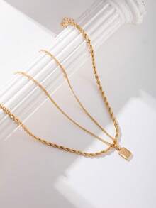 2pcs Twisted Double-Layer Rectangular Copper Micro-Inlaid Zirconia Pendant Necklaces - Yellow Gold - View 3