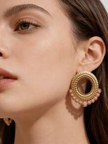 OBOVAY 1 par de pendientes de mujer con diseño de aro hueco de doble capa, combinando estilo de corte vintage, lujo francés y encanto vintage de mediana edad, sentido de diseño único, adecuado para el uso diario, citas, fiestas y regalo del Día de la Madre - Anillo ahuecado - Ver 2