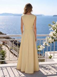 Elegant Women's Long Formal Gown, V-Neck Shawl Collar Design With Embroidery And Rhinestone Embellishments - Apricot - View 2