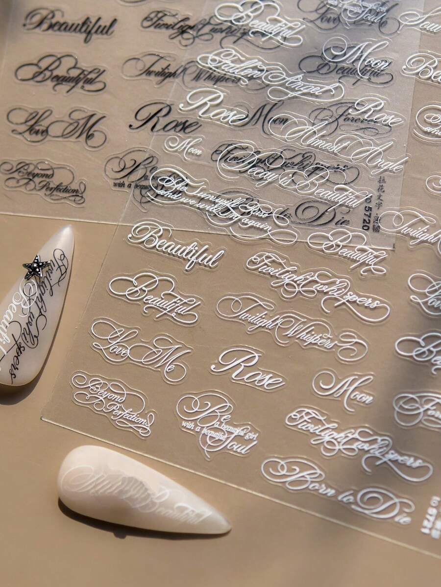 1pc Ultra-Thin Soft White Floral English Phrase Nail Sticker, Gothic Style Nail Art Decal, Delicate Nail Accessory Nail Stickers - 白色 - 查看 1