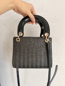 夏季新款时尚草编包，百搭小方包，女士单肩斜挎包，通勤百搭款 - 黑色 - 查看 4