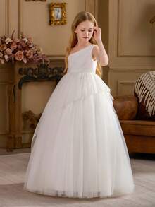 Robe élégante pour jeune fille, robe de demoiselle d'honneur, robe de princesse, convient pour l'anniversaire des enfants, le mariage de la demoiselle d'honneur, le bal de promo, les fêtes, les occasions spéciales - Blanc - Voir 4