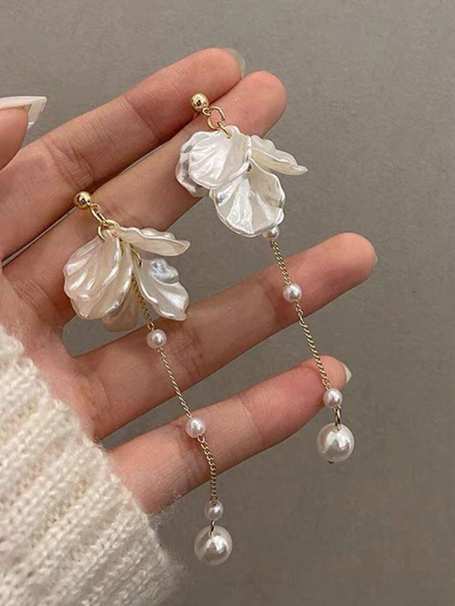 一对空灵花瓣珍珠流苏耳环，优雅可爱，适合女性参加派对、聚会、日常佩戴，舒适百搭。 - 彩色 - 查看 1