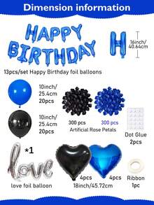 Juego de globos de cumpleaños negro y azul - Pétalos falsos, pancarta de feliz cumpleaños, globo de lámina en forma de corazón, globos de látex gruesos - Perfecto para fiesta de cumpleaños de hombres, compromiso, temporada de bodas, aniversario, despedida de soltera, despedida de novia - Estilo 1 - Ver 10