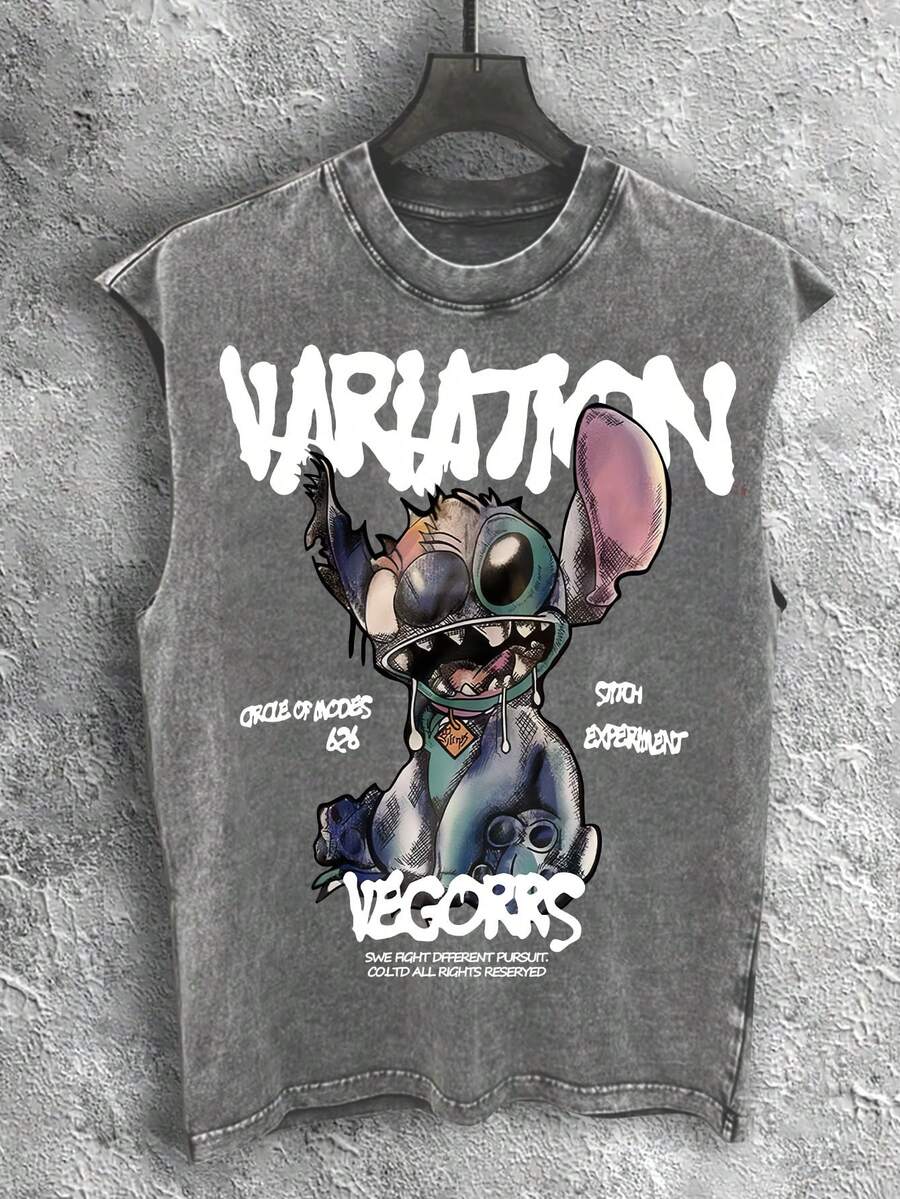 Disney Vintage Washed Stitch American Retro Hand-Drawn Style Print Sleeveless Tank Top - Grey - View 1