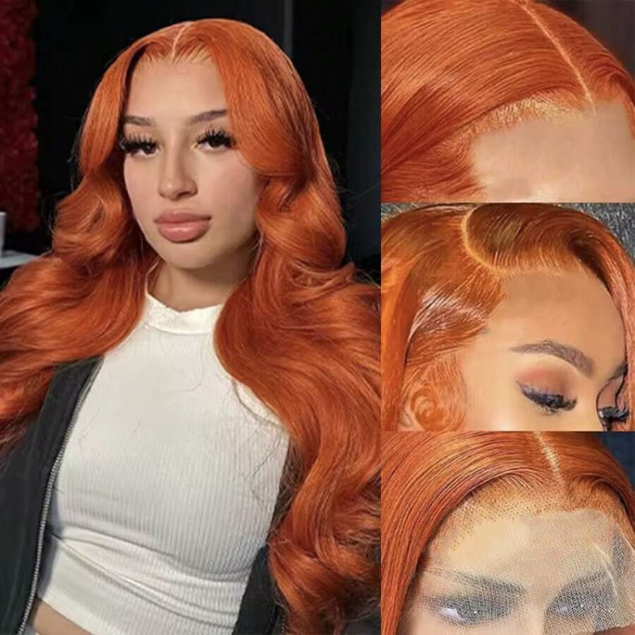 13*4 蕾丝前假发，姜橙色，采用耐热合成纤维制成，长款蓬松波浪卷发，打造自然波浪造型。 - 臟橘色 - 查看 1