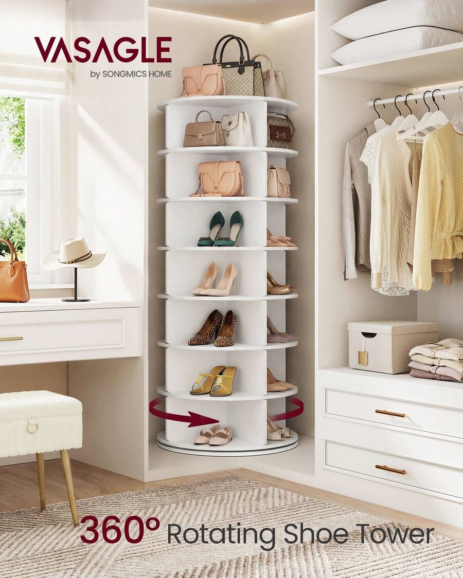 VASAGLE 7-Tier Rotating Shoe Rack Tower, Free Standing 360 Degree Spinning Shoe Organizer, Lazy Susan Bag Display Storage Rack, For Corners, Closets, Small Spaces - White - View 1