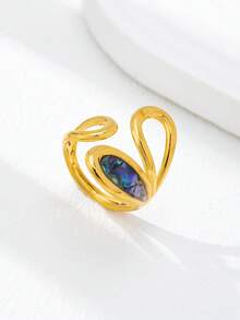 1 Pc 18K Gold Plated Asymmetrical Statement Ring For Women - Stackable Chunky Rings Set - Mother Of Pearl Jewelry For Daily And Party Wear - Multicolor - View 2