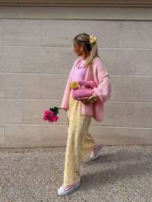 Vibrant Loose Off-Shoulder Design Casual Knit Cardigan, Energetic Style For Women In Autumn/Winter Pink - Pink - View 2