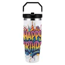 30oz  Colorful "Happy Birthday" Typography Stanley Style Tumbler Wrapped Graffiti SGRHO Mug - White - View 6