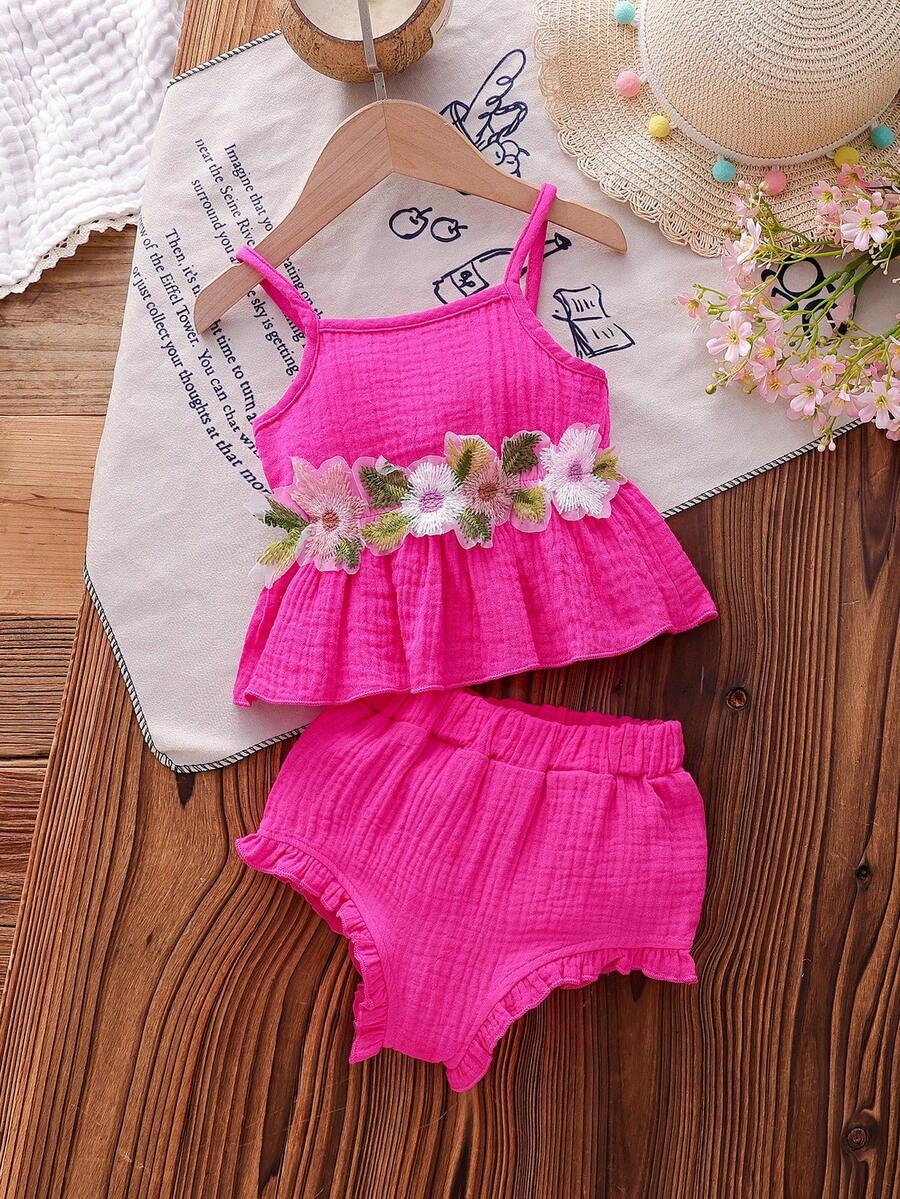 复古刺绣花卉饰边吊带背心和简约三角裤套装,夏季 - 玫紅色 - 查看 1