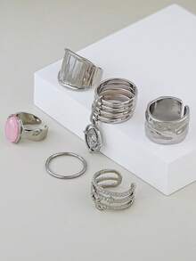 Bộ 6 chiếc nhẫn bạc bản to dành cho nữ, nhẫn bản rộng có thể xếp chồng lên nhau, đính đá opal hồng hình mắt quỷ, trang sức phong cách Y2K cho tiệc tùng và đeo hàng ngày. - Bạc - Xem 3