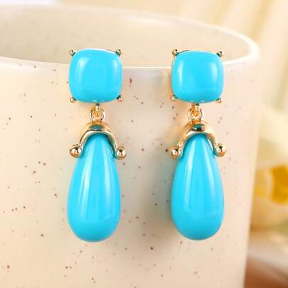 1对时尚优雅的波西米亚风蓝色水滴方形耳环（女士款）