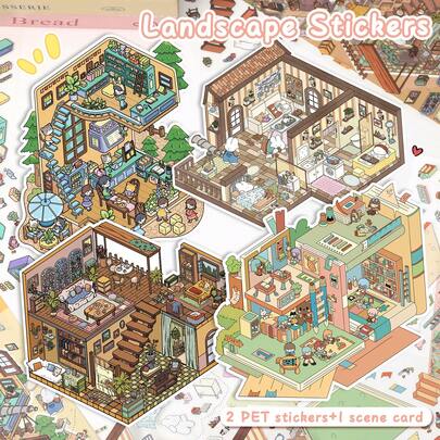 Hình dán nhà thu nhỏ 3D, Hình dán trang trí cảnh quan vi mô tự làm, Ngôi nhà nhỏ ấm cúng, Câu chuyện về tổ ốc sên, Sách tranh mẫu giáo, Hiệu sách rừng thông, Thích hợp làm quà tặng, văn phòng, nhà cửa, đồ chơi giải trí, sổ kế hoạch học sinh, hình dán trang trí album ảnh phong cách retro sáng tạo.