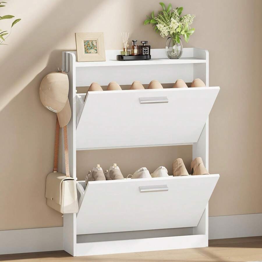Shoe Cabinet Organizer With 2 Flip Drawers,Freestanding Shoe Rack Cabinet,Narrow Shoe Cabinet Storage For Entryway,Foyer, Hallway, White, 23.6" W * 6.3" D * 33.1" H - View 1