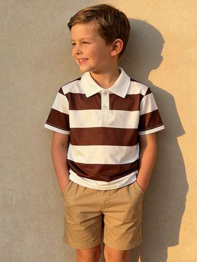 男童休闲复古经典条纹拼接短袖Polo衫，春夏款