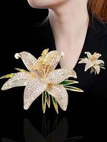 1pc Luxury Full Crystal Lily Brooch, Elegant Minimalist Style, Alloy Material, Suitable As Fashionable Accessory And Universal Lapel Pin For Women - Multicolor - View 1