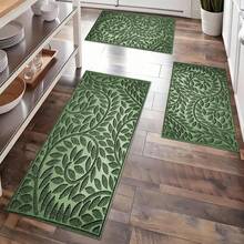 Embossed Green Leaf Non-Slip Washable Floor Mat Set, Boho Textured Botanical Leaf Home Decor Rugs For Kitchen Entryway Bathroom Kitchen Floor Mat Local Printed Entrance Door Mat Bathroom Mat, Kitchen Carpets, Laundry Room Decorations, Balcony - Multicolor - View 2