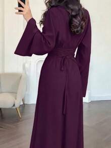 Elegant Women's Purple High Neck Dress With Long Bell Sleeves And A-Line Flowy Skirt, Suitable For Party Wear Spring - Purple - View 4