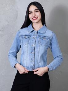 Chaqueta Clásica de Tela de Mezclilla para Mujer con Botones Metálicos y Bolsillos Frontales, Prenda Versátil de Corte Ajustado y Costuras Reforzadas para un Estilo Casual y Moderno - Celeste HQV02 - Ver 5