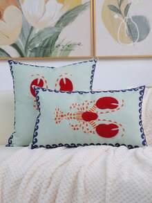 1件海洋风刺绣龙虾抱枕套，龙虾刺绣靠垫套，帆布材质，刺绣工艺，枕套，靠垫套，17.7*17.7英寸（45*45厘米）/11.81*19.68英寸（30*50厘米），不含枕芯，适用于客厅沙发、卧室床头板装饰 - 彩色 - 查看 5