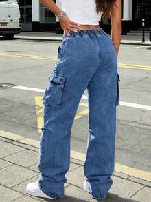 Pantalones de carga de mezclilla con cintura elástica y cordón - Azul lavado oscuro - Ver 10
