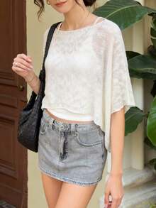 女士镂空纹理针织蝙蝠袖短款休闲罩衫，春夏款，白色 - 白色 - 查看 1