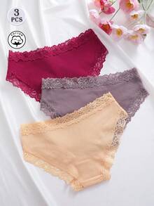 3pcs Solid Color Cotton Ribbed Lace Patchwork Sexy Comfortable Women's Triangle Panties - Multicolor - View 3