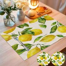4 piezas/6 piezas Manteles individuales con estampado de limón de estilo campestre, material de lino sintético, disponibles en formas redondas, florales y rectangulares, decoración del hogar para primavera/verano, suministros para fiestas interiores/exteriores, decoración con tema retro, decoración de habitaciones. Adecuado para la decoración diaria de la cocina y la decoración de eventos y fiestas. - Multicolor - Ver 1