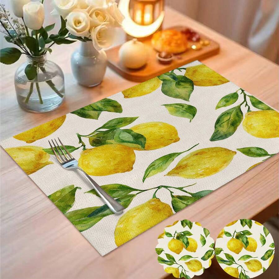 4 piezas/6 piezas Manteles individuales con estampado de limón de estilo campestre, material de lino sintético, disponibles en formas redondas, florales y rectangulares, decoración del hogar para primavera/verano, suministros para fiestas interiores/exteriores, decoración con tema retro, decoración de habitaciones. Adecuado para la decoración diaria de la cocina y la decoración de eventos y fiestas. - Multicolor - Ver 1