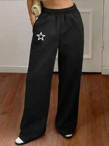 1pc Tween Girls Casual VersatilAll-Matchic Lazy Star Print Pants, Autumn/Winter - Black - View 8
