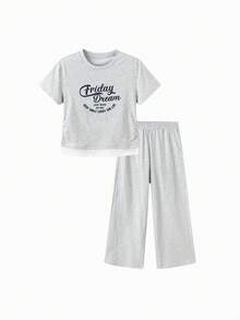 Balabala Bộ đồ 2 món cho bé gái, dễ thương, thời trang, mềm mại, thoáng khí, ấm áp, kiểu áo xếp lớp, thích hợp cho mùa xuân hè 2026. - Màu xám nhạt - Xem 1