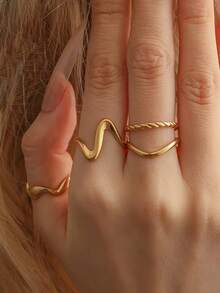 Bộ 3 chiếc nhẫn thép không gỉ mạ vàng 18K hình học bất đối xứng, nhẫn thời trang thanh lịch dành cho nữ, phù hợp đeo hàng ngày, dự tiệc, ngày lễ, hẹn hò, quà tặng trang sức tối giản. - Nhiều màu - Xem 2