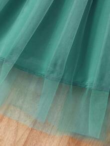 Tween Girl Long Sleeve Floral Print Mesh Dress With Tie Waist, Party Occasion Dress - Green - View 5