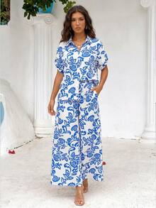 ZIAI Trang phục nữ phong cách Bohemian mùa xuân, bộ đồ 2 mảnh in họa tiết lễ Phục sinh thường ngày cho mùa hè dành cho nữ, áo và quần. - Màu xanh lam - Xem 1