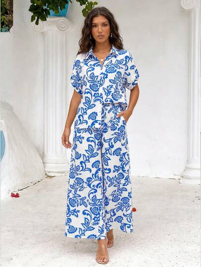 ZIAI Trang phục nữ phong cách Bohemian mùa xuân, bộ đồ 2 mảnh in họa tiết lễ Phục sinh thường ngày cho mùa hè dành cho nữ, áo và quần.