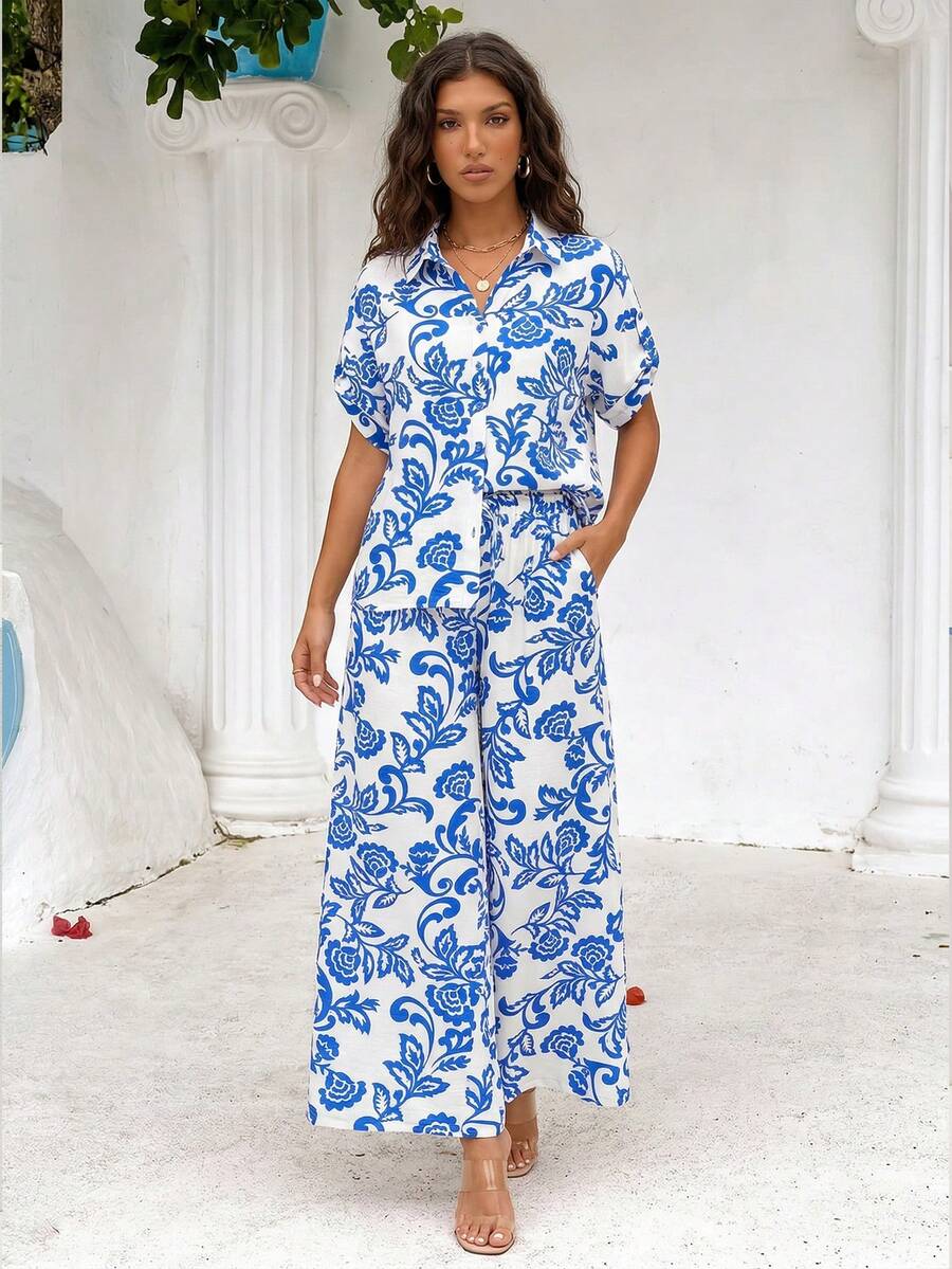 ZIAI Trang phục nữ phong cách Bohemian mùa xuân, bộ đồ 2 mảnh in họa tiết lễ Phục sinh thường ngày cho mùa hè dành cho nữ, áo và quần. - Màu xanh lam - Xem 1