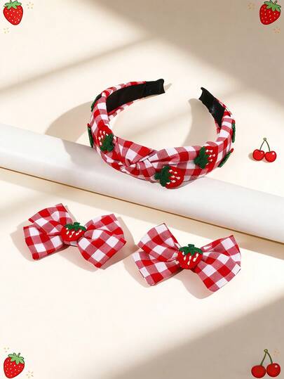 3pcs Red Cherry Strawberry Hair Bows Headband Set, Glitter Bling Plaid Bow Hair Clips, Sweet Fruit Hairband Suitable For Girls Dopamine Gifts Summer, Cute Y2k Hair Accessories For Girls Teens