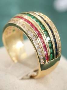Shiny Multicolor Cubic Zirconia Wide Ring, Suitable For Women And Girls, Vintage Fashion Elegant Exquisite Elegant Anniversary Jewelry - Gold - View 10