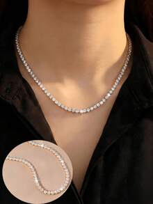1 pieza Collar con chispeantes, disponible en 18-24 pulgadas, cadena de tenis con pavé de circonita europea y americana, tono dual dorado y plateado, adecuado para uso diario y capas para fiestas - collar de tenis - Ver 11