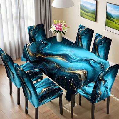 1/4/6/36pcs Set, Multi-Color Gold Ripple Pattern Tablecloth & Chair Cover Combo Elastic Chair Covers, Suitable For Home Kitchen, Party, Holiday Decor, Indoor/Outdoor Dining Table And Chair Decoration, All Seasons