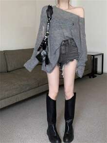 女士透视做旧露肩针织衫，柔软可爱朋克风必备单品，个性街头风长袖宽松镂空做旧细节灰色针织衫，灰色慵懒镂空针织衫，薄款宽松露肩毛衣，性感透视罩衫 - 灰色 - 查看 4