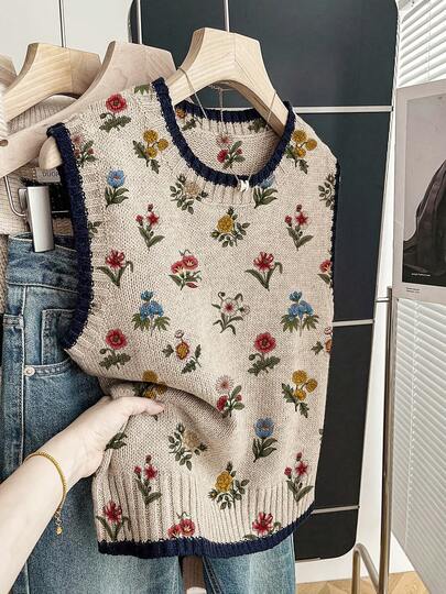 Chaleco de punto sin mangas informal de mujer con diseño floral colorido, atuendos de vacaciones, blusas de verano.