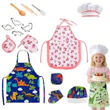 11 piezas/4 piezas Juego de rol de chef para niños, molde de pastel de huevo de dinosaurio, delantal rosa y herramientas de cocción, adecuado para niños y niñas en juego de cocina de fantasía, incluye delantal, gorro, guantes (color aleatorio) (patrón aleatorio) - Multicolor - Ver 1