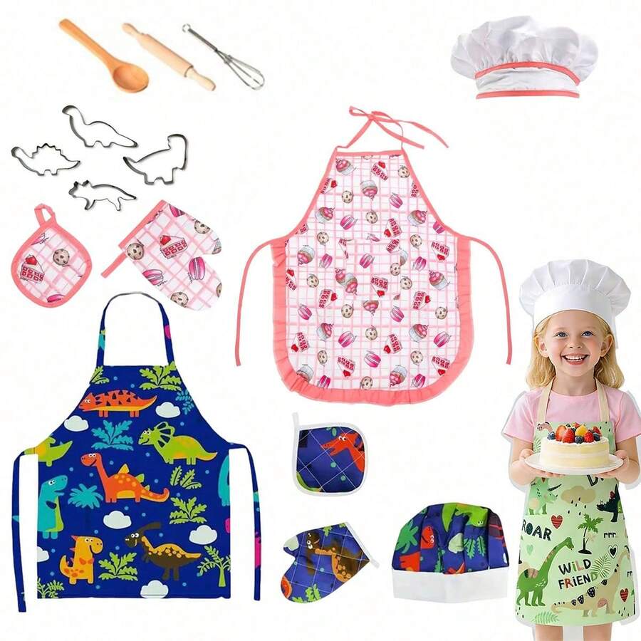11 piezas/4 piezas Juego de rol de chef para niños, molde de pastel de huevo de dinosaurio, delantal rosa y herramientas de cocción, adecuado para niños y niñas en juego de cocina de fantasía, incluye delantal, gorro, guantes (color aleatorio) (patrón aleatorio) - Multicolor - Ver 1