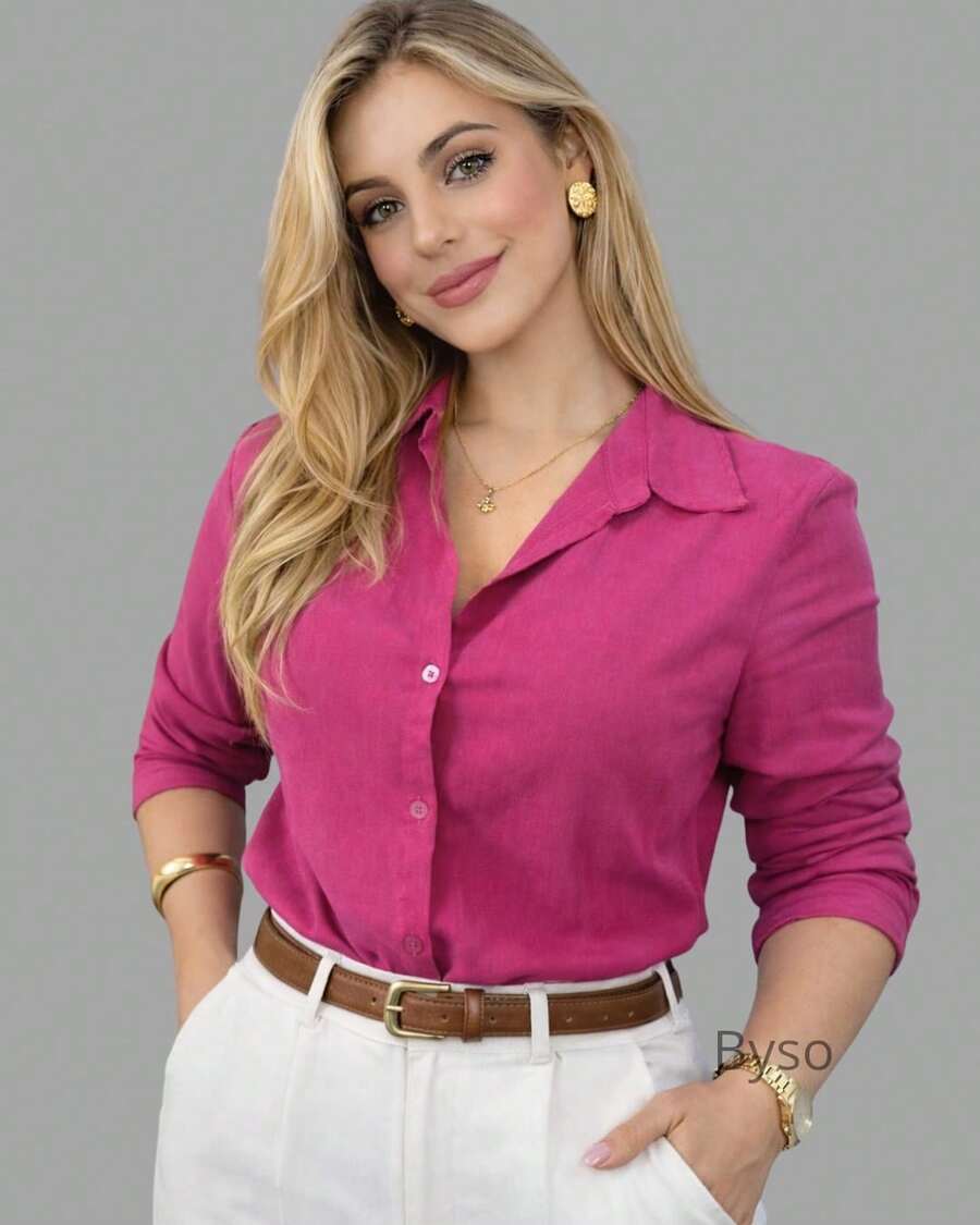 Women's Long-Sleeved Viscose Shirt, Stylish, Casual, Elegant, Work Shirt, Various Colors, NO POCKETS - 玫紅色 - 查看 1