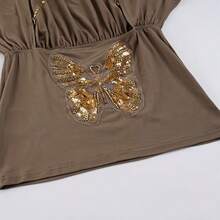 Nightclub Party Style Backless Dress With Metallic Chain Details, Loose Batwing Long Sleeves, Featuring Sexy Sequins And Embroidered Patchwork, Bodycon Mini Skirt For Western - Nâu ô liu - Xem 3