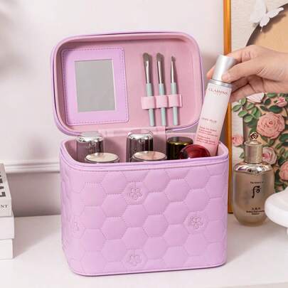 Túi đựng mỹ phẩm sang trọng với quai xách đính ngọc trai và gương | Túi đựng đồ trang điểm du lịch dung tích lớn