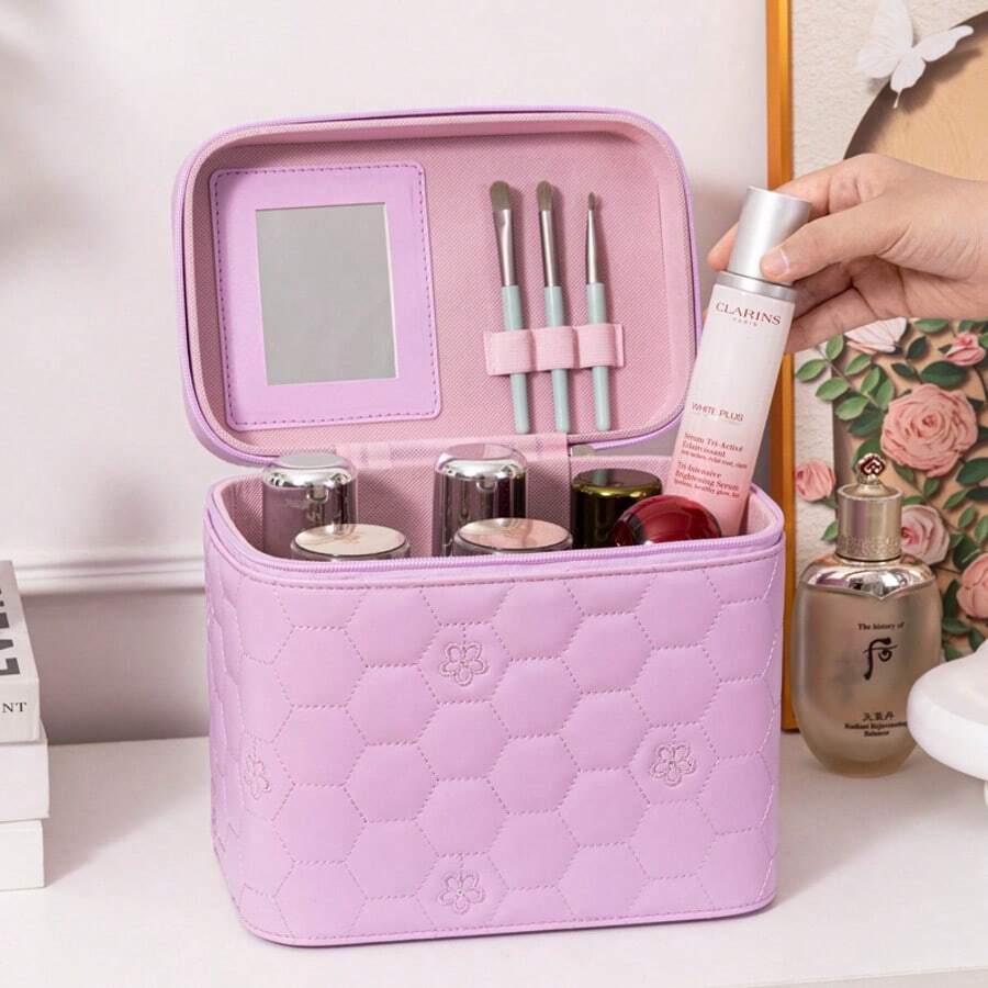 Túi đựng mỹ phẩm sang trọng với quai xách đính ngọc trai và gương | Túi đựng đồ trang điểm du lịch dung tích lớn